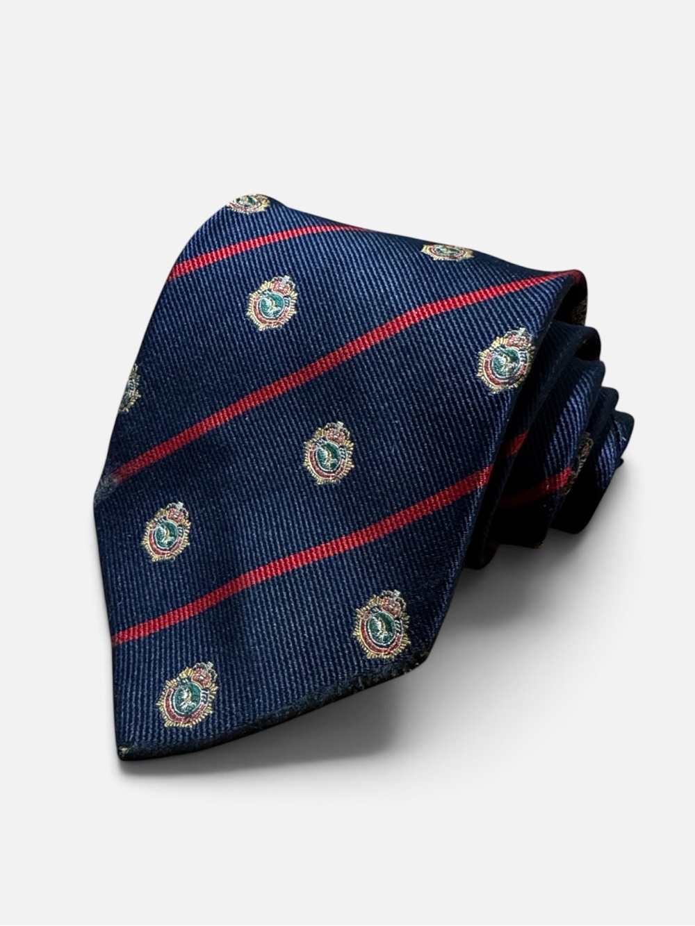 Aquascutum mens blue navy stripe crest pattern vintage 100% silk neck tie